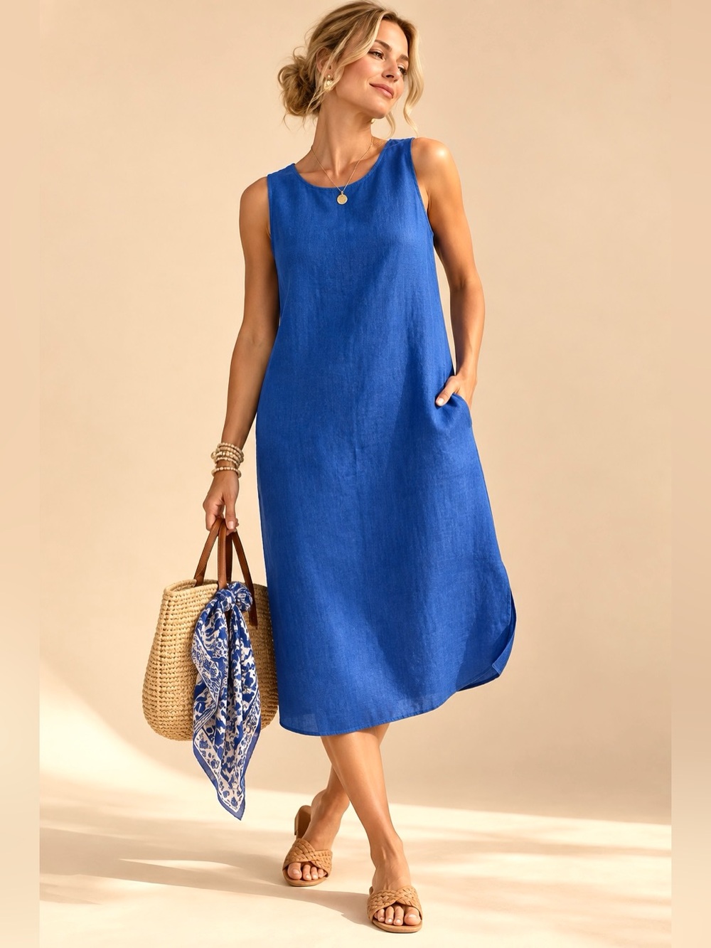 J.Jill Love Linen 100% Linen Blue Midi Shift Dress XL